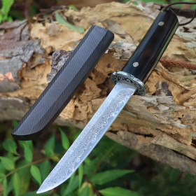 Damascus Steel Blade Large Ebony Katana Carved Handmade Fixed Knife UD408789